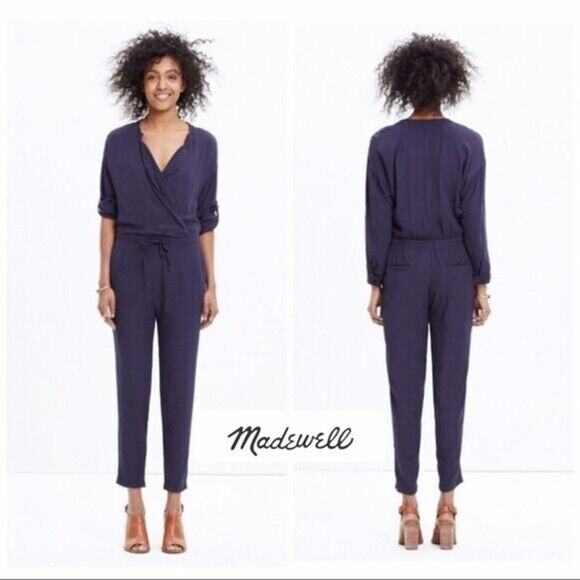 Madewell Novelist Drawstring Jumpsuit Navy Wrap Snap Drawstring Women Sz M E8289 - Picture 1 of 13